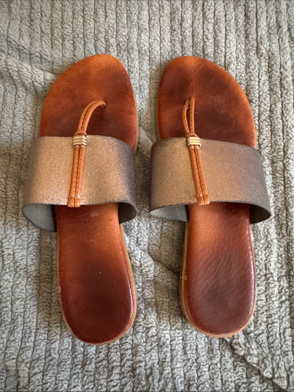 Andre Assous Brown Leather Slides with Metallic Bronze Strap
